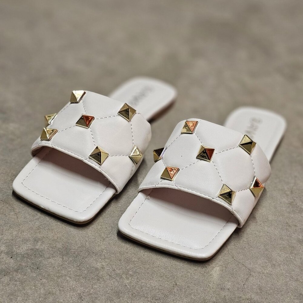 White Studded Slide Sandals With Quilted Strap Design Square Toe Womens